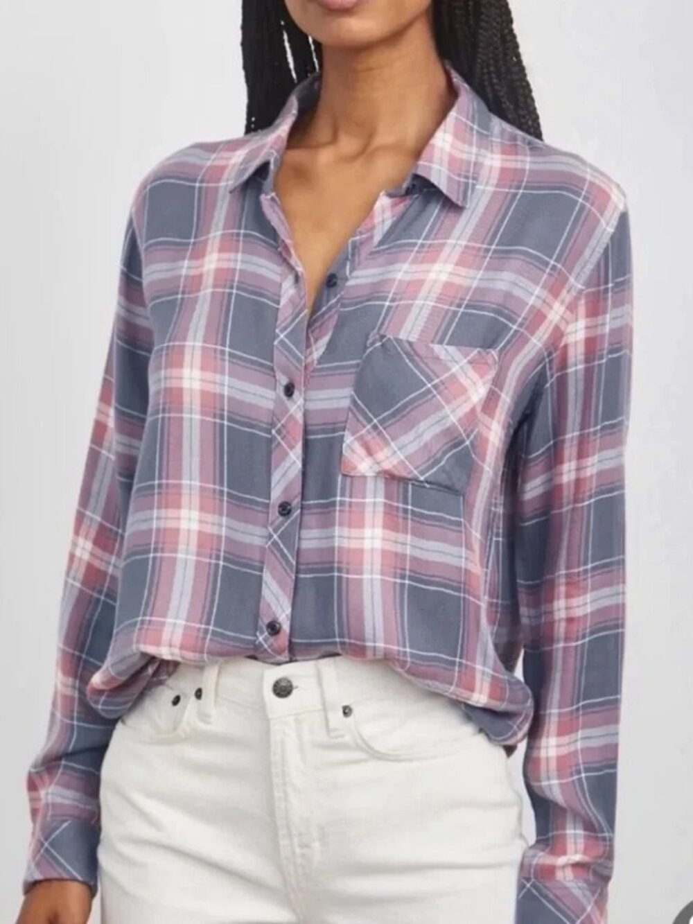 Rails Hunter Rayon Plaid Shirt in Slate Rose White Size Medium